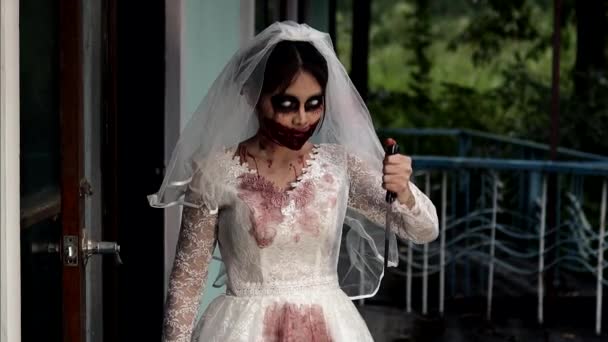 Retrato Mujer Asiática Maquillaje Fantasma Novia Muerte Sangre Horror Oscuridad — Vídeos de Stock