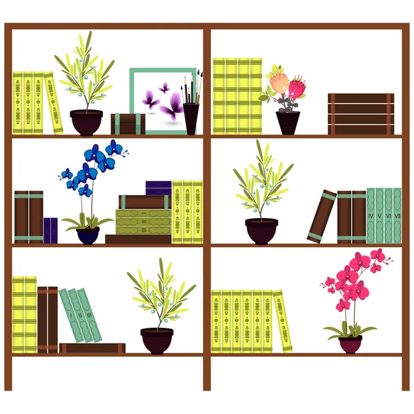 Estanterías simples con libros, flores, macetas — Vector de stock