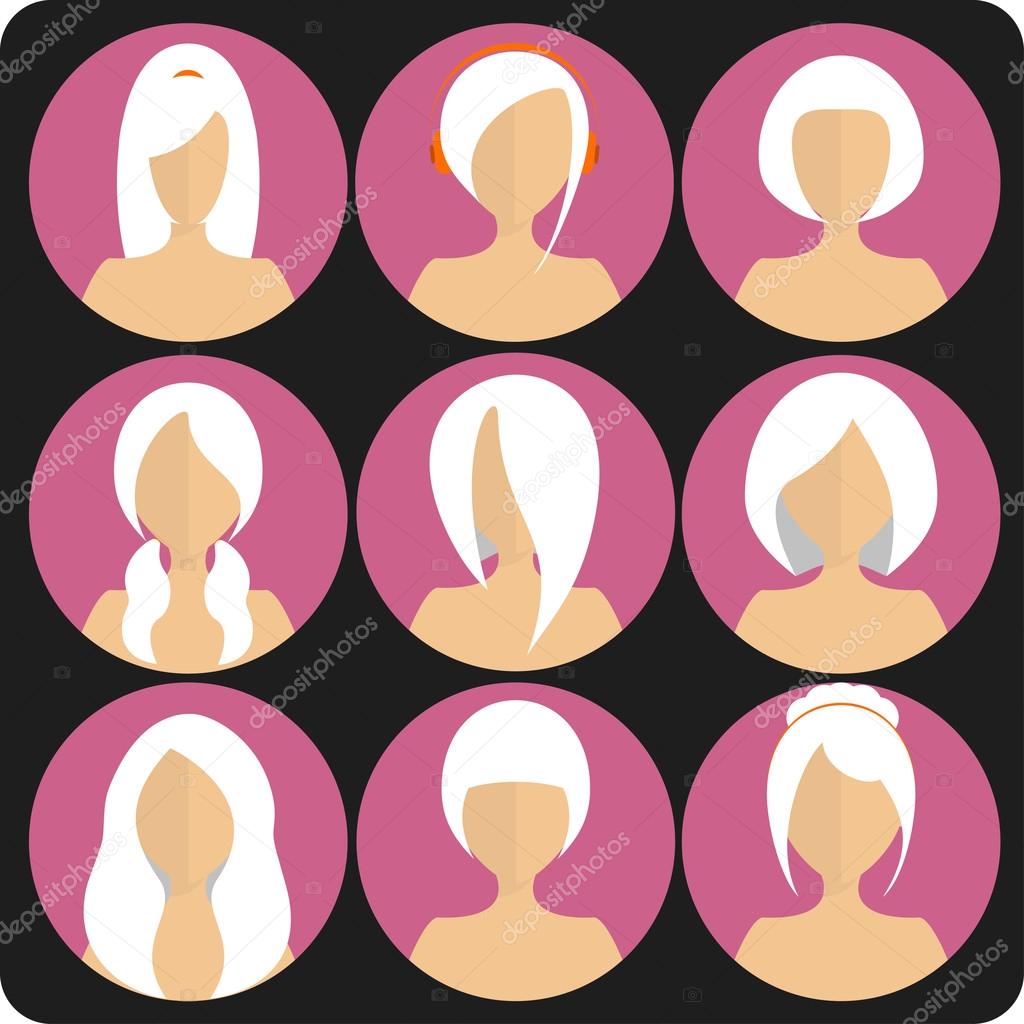 Flat women's glamor hairstyles pink icon set