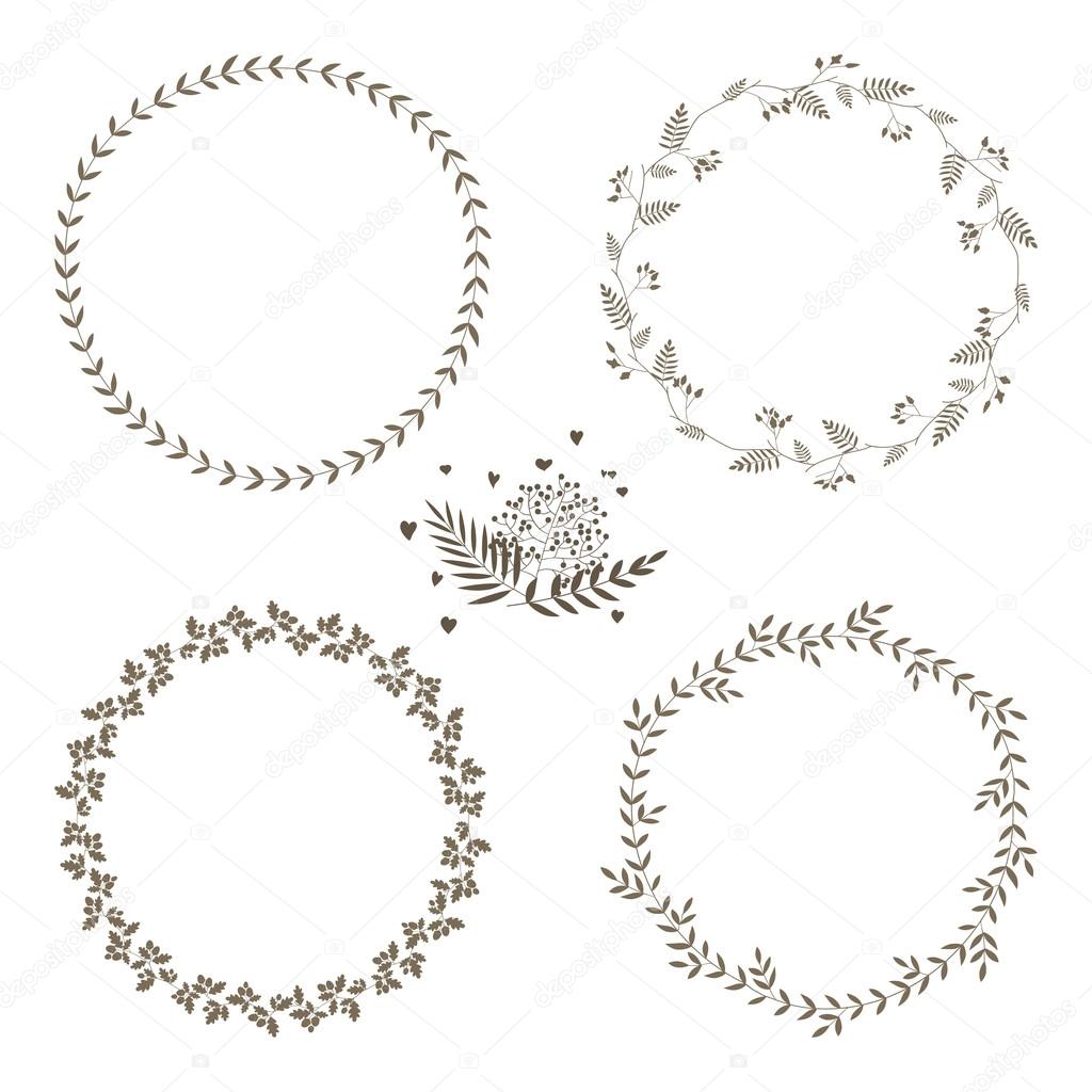 Set of 4 circle cute hand drawn frames on the white background