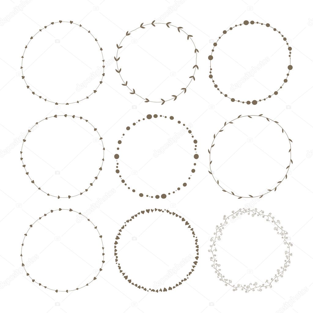 Set of 9 circle cute hand drawn frames on the white background
