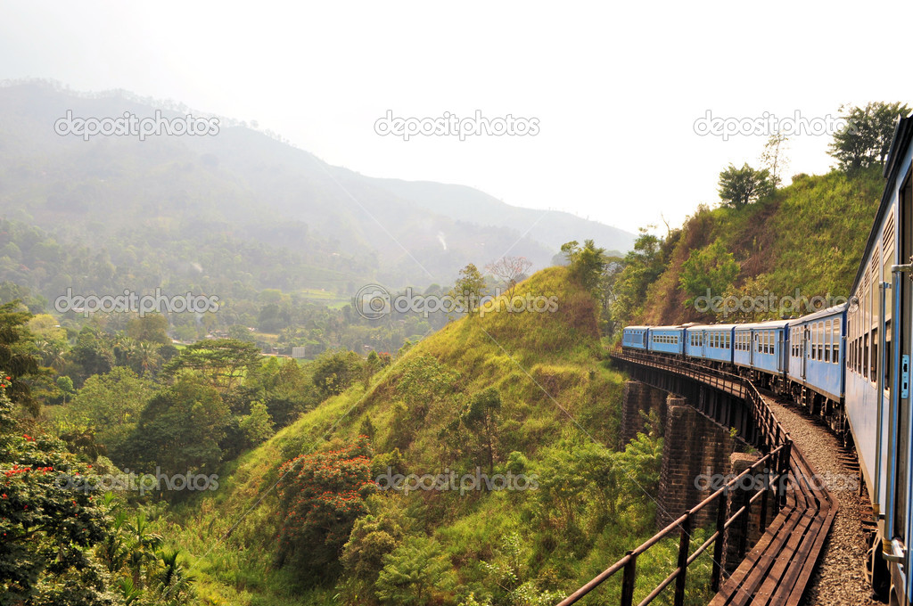 Train on bridge in hill country of Sri Lanka
