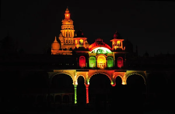 Part of Mysore Palace in India illuminated — Stock Photo, Image