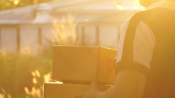 Delivery Man Taking Parcel Client Closeup Woman Giving Cardboard Boxes — Stock Video