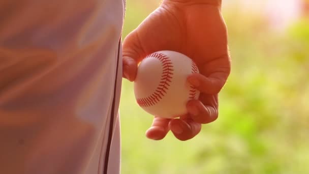 Man Holding Baseball Ball Hand — Stock Video