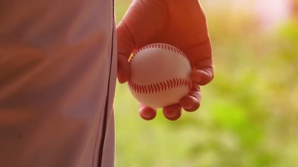Man Holding Baseball Ball Hand — Stock Video