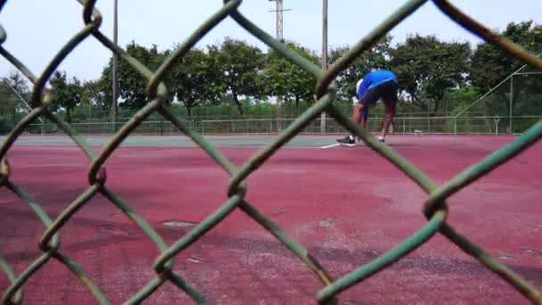 Footage Man Training Play Tennis Outdoor Court — Vídeos de Stock