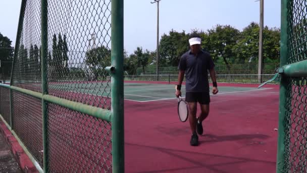 Footage Man Training Play Tennis Outdoor Court — Video