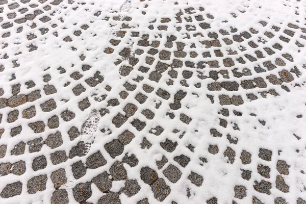 Pavimento Paralelepípedo Velho Com Neve Inverno — Fotografia de Stock