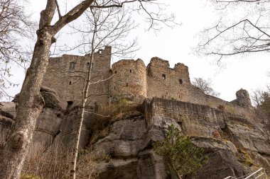 Aşağıdan Oybin 'deki manastır harabelerinin manzarası. Saksonya. Almanya