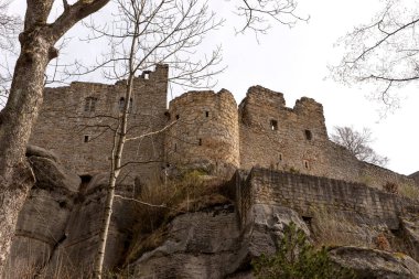 Aşağıdan Oybin 'deki manastır harabelerinin manzarası. Saksonya. Almanya