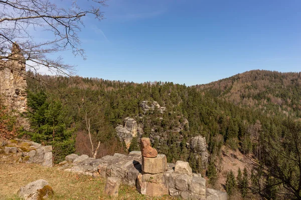 Άποψη Των Βράχων Από Ψαμμίτη Και Κωνοφόρο Δάσος Στα Βουνά — Φωτογραφία Αρχείου