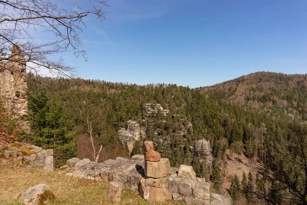 Blick Auf Die Sandsteinfelsen Und Den Nadelwald Zittauer Gebirge Sachsen — Stockfoto