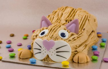 Papyonlu komik kedi ve doğum günü pastası. 