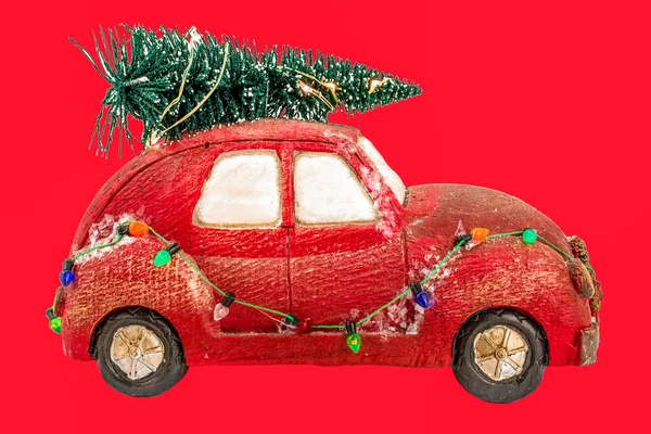 Rotes Auto Weihnachtsdekoration Auf Dem Hintergrund — Stockfoto