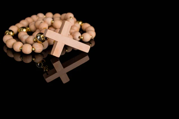 Closeup Wooden Christian Cross Prayer Rosery Beads Black — Stock Photo, Image