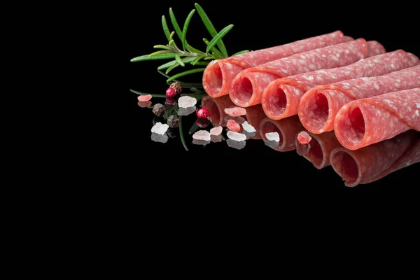 Salami Slices Herbs Black Background — Stock Photo, Image