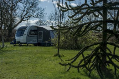 Kamp alanında beyaz karavan.