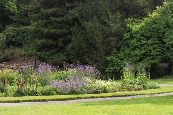 Landscaped traditional English garden with summer flowers