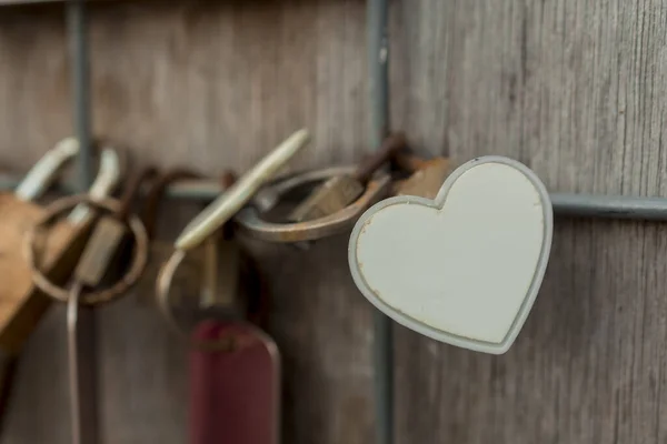 Metal locks. A bunch of locks. Heart locks. A symbol of love