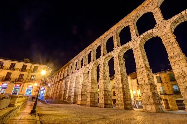 Nachtzicht Het Aquaduct Van Segovia Spanje Het Maakt Deel Uit — Stockfoto