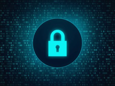 İkili kod arkaplanı üzerine asma kilit sembolü.