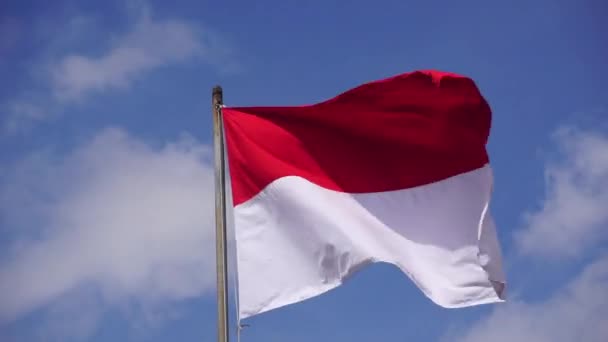 Bendera Merah Dan Putih Dengan Latar Langit — Stok Video