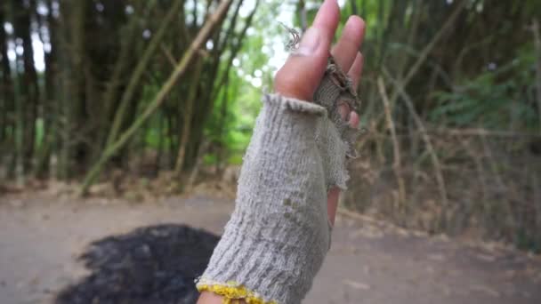 Handen Met Gaten Gebroken Handschoenen — Stockvideo