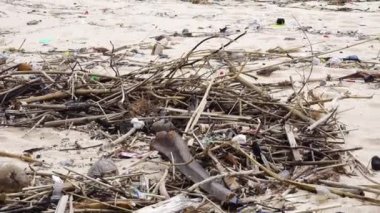 Çöplerle dolu kirli bir sahil.