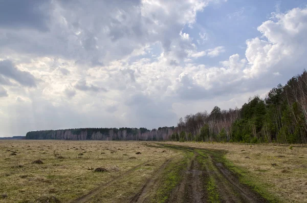 Våren landskap med en väg och moln — Stockfoto
