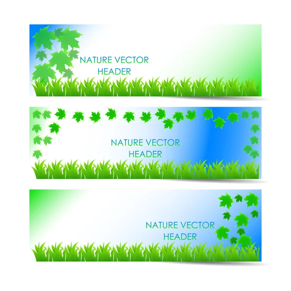Набор векторных природных заголовков с зеленой травой и листьями — стоковый вектор