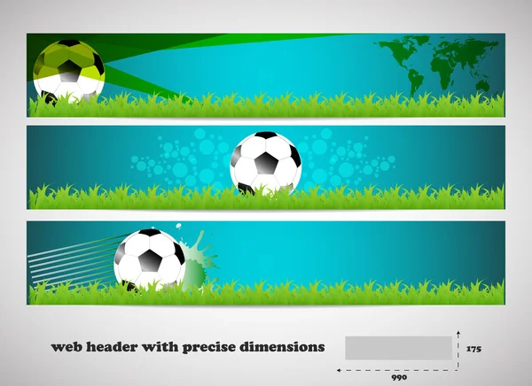 緑の芝生とサッカー ボール ベクトル ヘッダーのセット — ストックベクタ
