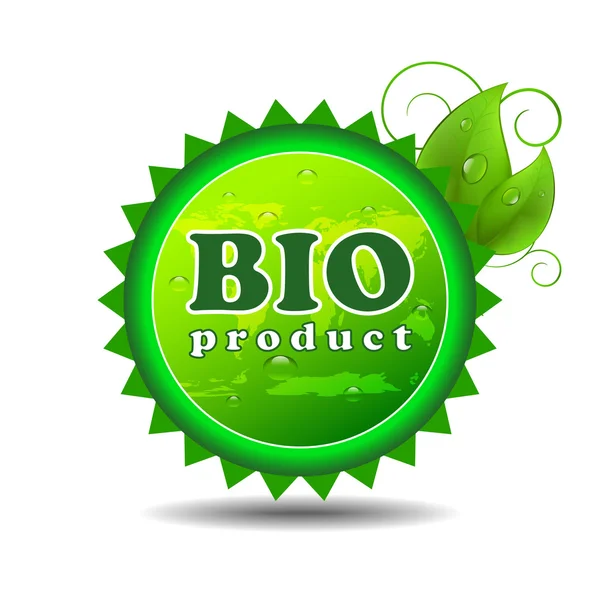 Botón de producto bio con gotas de agua y hojas verdes — Vector de stock