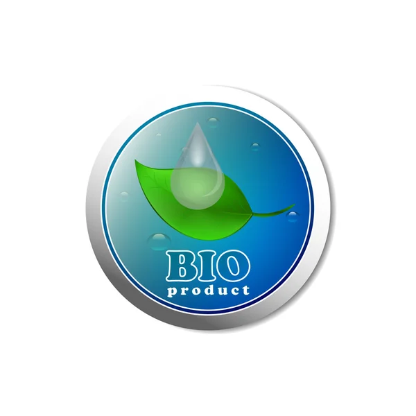 Bio produkt tlačítko s kapky vody a zelenými listy — Stockový vektor