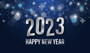 Mutlu yıllar 2023. Koyu mavi arkaplan. Kar taneleri, yıldızlar, parıltı ve metin..