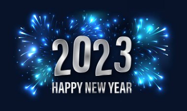 Koyu mavi arka planda yeni yıl kutlamaları havai fişekler, parıltılar ve manşetlerle. 2023.