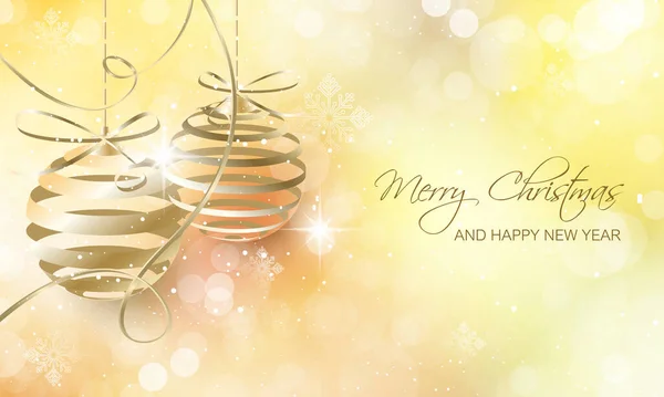 メリークリスマスとハッピーニューイヤー ボールとリボンでベクトル華やかな黄金の背景 — ストックベクタ