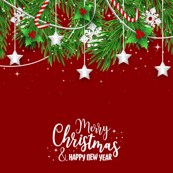 Cartão Natal Desejos Ano Novo Ramos Abeto Decorados Com Estrelas — Vetor de Stock