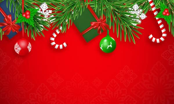 Vánoční Vektor Červená Zimní Dovolená Pozadí Borovicovými Jehličkami Kouzelné Hůlky — Stockový vektor
