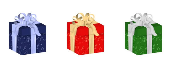 Рождественские Подарки Изолированы Белом Фоне Трех Цветовых Вариациях Лентой Рисунком — стоковый вектор
