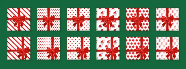 Conjunto Presentes Natal Com Padrão Decorativo Fita Vermelha —  Vetores de Stock