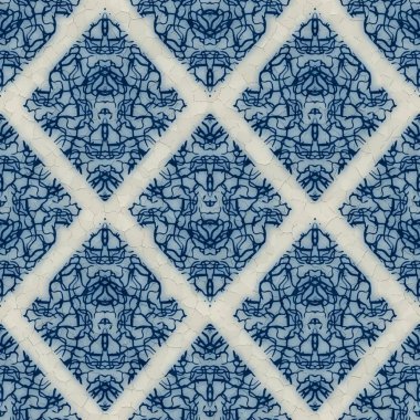 Yüzey tasarımı ve baskısı için kusursuz mavi ve beyaz seramik döşeme dekoratif damasyon deseni