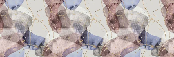 Bezszwowy akwarela abstrakcyjny organiczny kształt blob pokrywa się złotymi liniami i plamkami wzór granicy — Zdjęcie stockowe
