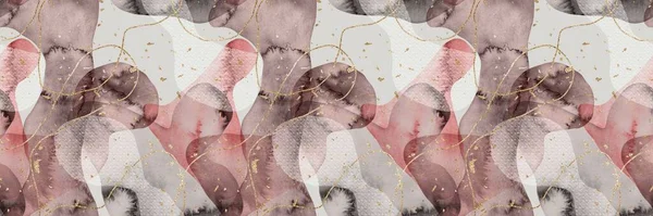 Aquarela sem costura abstrato forma de bolha orgânica sobreposição com linhas de ouro e manchas padrão de borda — Fotografia de Stock