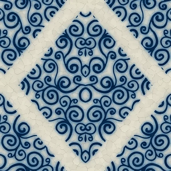 Seamless blue and white ceramic tile ornate damask pattern for surface design and print — Stock Photo, Image