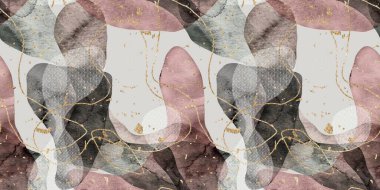 Seamless watercolor abstract organic blob shape overlay with gold lines and flecks border pattern clipart
