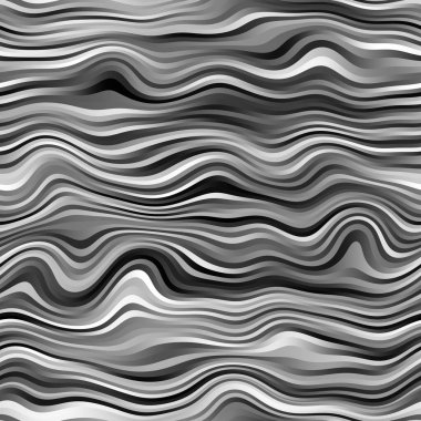 Kusursuz dalgalı tek renkli çizgiler arka plan ya da baskı için yüzey deseni tasarımı. Yüksek kalite çizim. Dijital olarak işlenmiş parametrik dalgalı çizgiler. Tekrar eden siyah, beyaz ve gri şeritler.