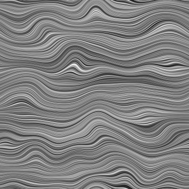 Kusursuz dalgalı tek renkli çizgiler arka plan ya da baskı için yüzey deseni tasarımı. Yüksek kalite çizim. Dijital olarak işlenmiş parametrik dalgalı çizgiler. Tekrar eden siyah, beyaz ve gri şeritler.