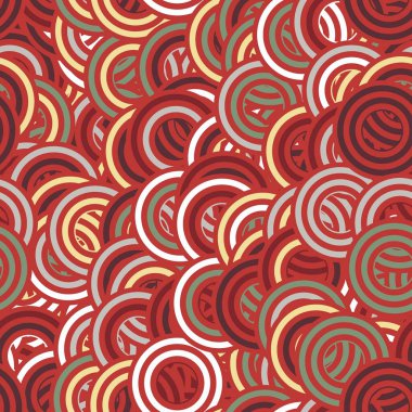 Baskı için retro renklerde kusursuz bir konsantre daire baş döndürücü yüzey desen tasarımı. Yüksek kalite çizim. Rastgele örtülmüş dinamik yuvarlak çizgili dairelerin saykodelik coğrafi fayansları birikti..