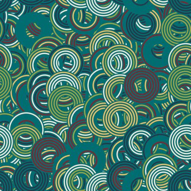 Baskı için retro renklerde kusursuz bir konsantre daire baş döndürücü yüzey desen tasarımı. Yüksek kalite çizim. Rastgele örtülmüş dinamik yuvarlak çizgili dairelerin saykodelik coğrafi fayansları birikti..